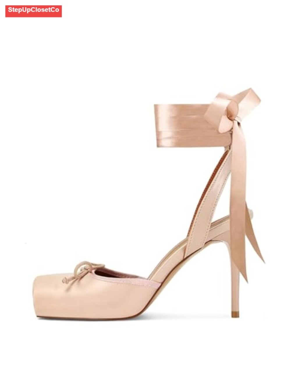 Satin Ballet Heels for Women Bow Square Toe Lace Up Stiletto Pumps